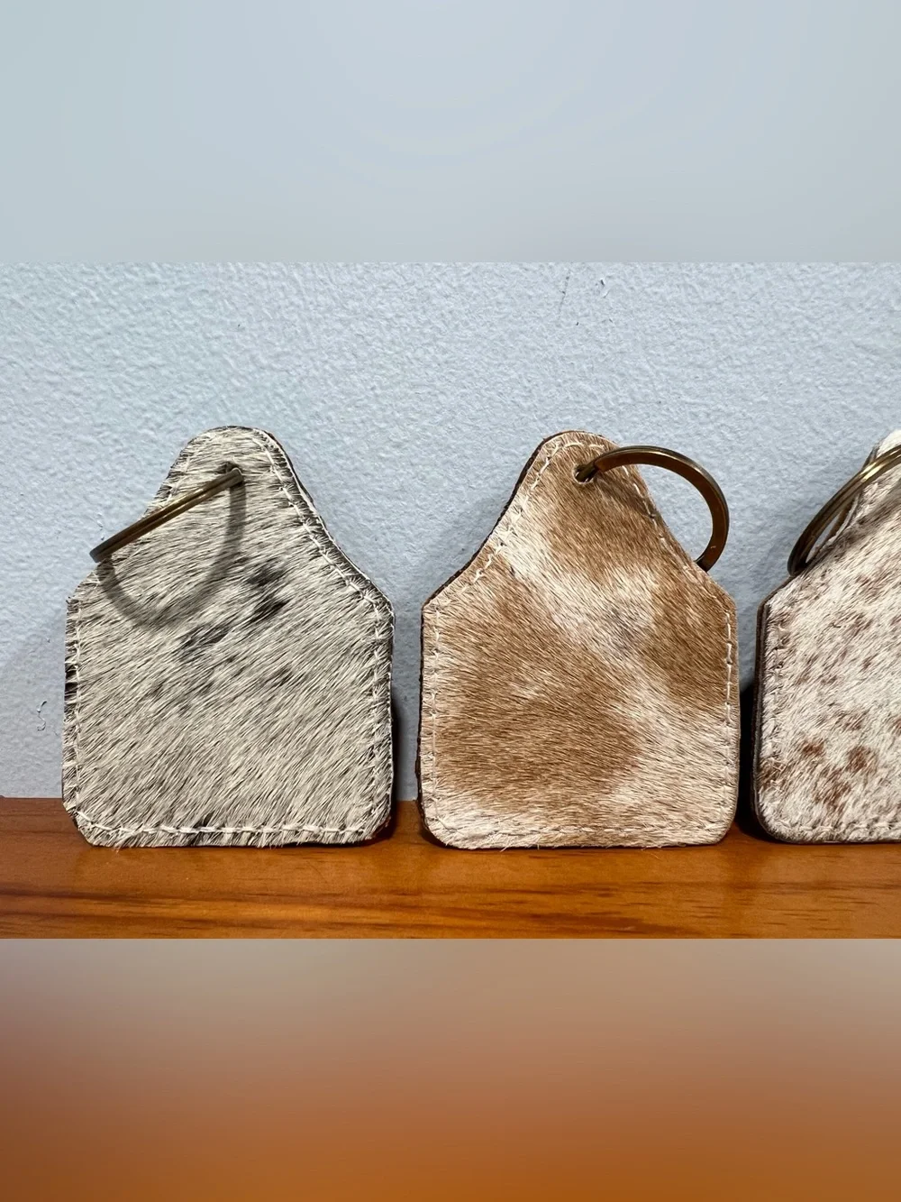 Set of 5 NEW Keyrings Natural Cow Hide Tag Shaped Leather Hair On Hide Keychain